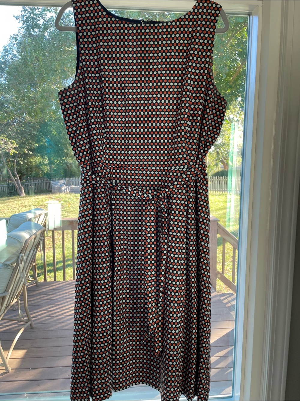 LL Bean Signature navy, orange, and white polka dot dress